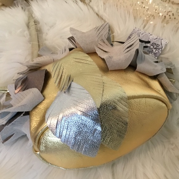 NWT RARE Chi By Carlos FALCHI Genuine Metallic  LEAVES  Bucket/ Crossbody Bag - Picture 11 of 12